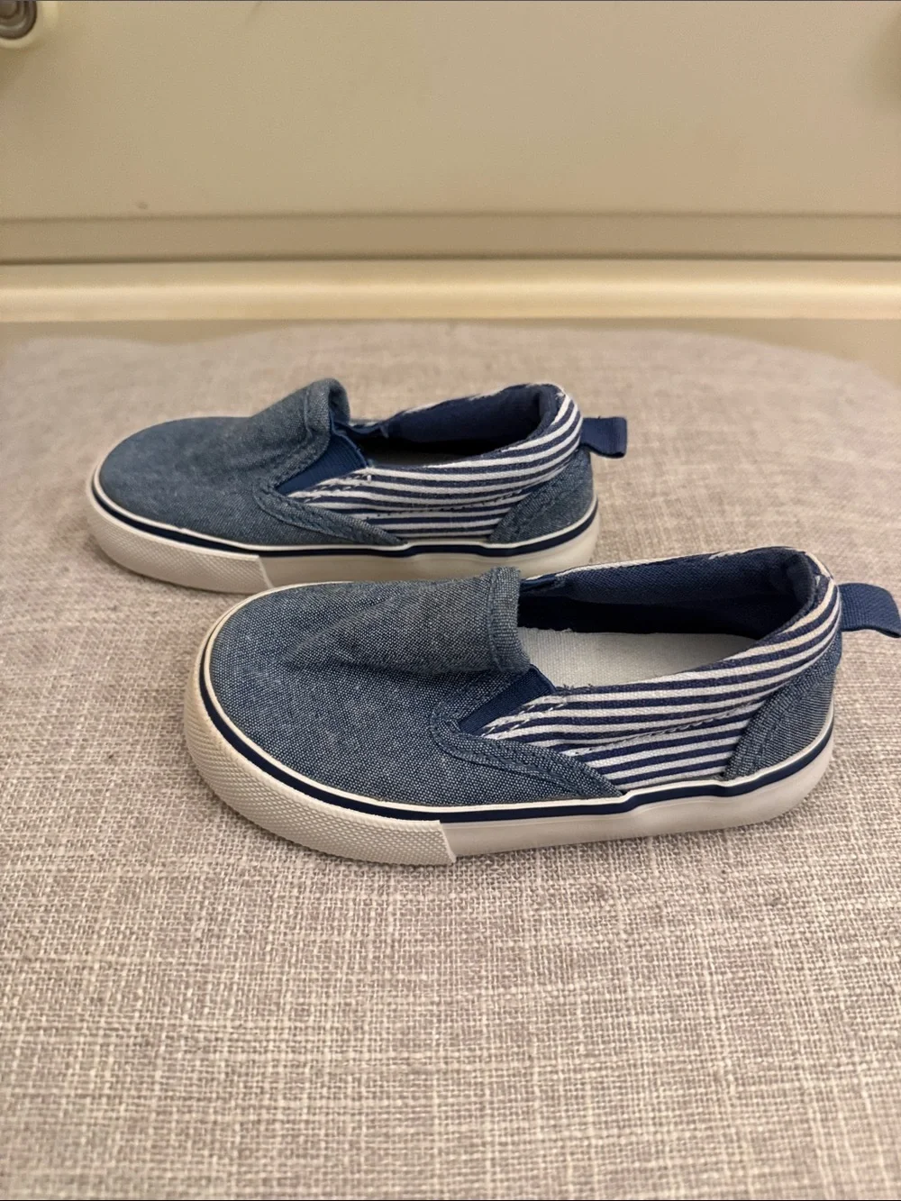 GAP Kids Denim Blue Slip-On Sneakers with Navy Striped Heel